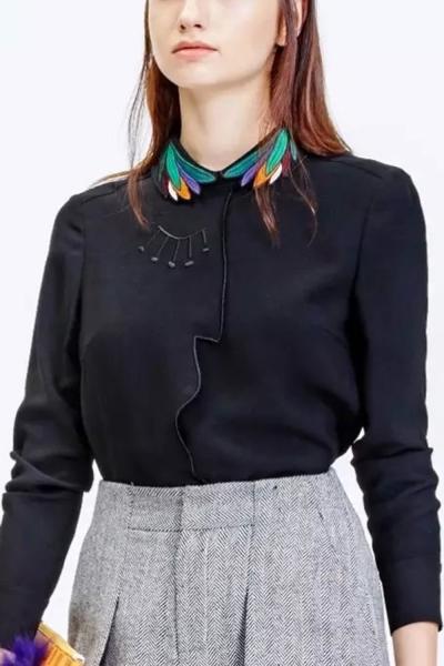 Oasap Stylish Feature Embroidery Print Zip Back Blouse