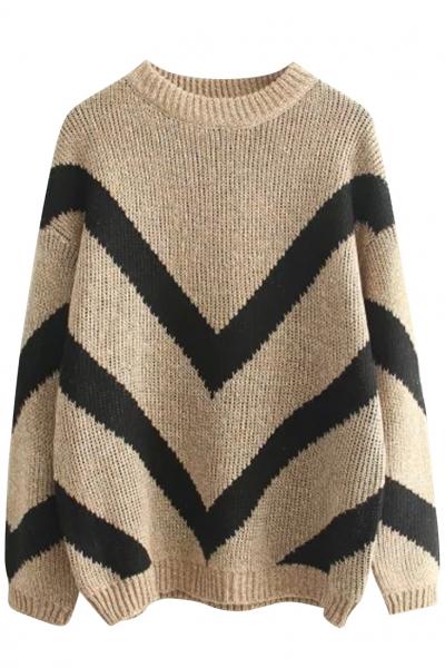 Oasap Preppy Style Chevron Print Ribbed Trim Knit Sweater