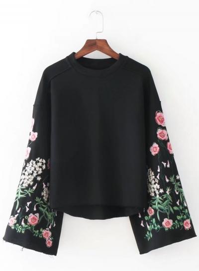 Oasap Fashion Floral Embroidered Long Sleeve Sweatshirt