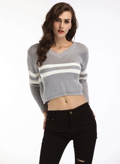 Oasap V Neck Long Sleeve Stripe Cropped Sweater