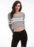 Oasap V Neck Long Sleeve Stripe Cropped Sweater