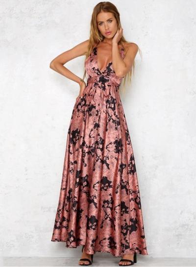 Oasap Floral Print V Neck Spaghetti Strap Backless Maxi Dress
