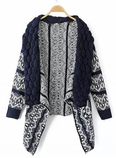 Oasap Vintage Turn-down Collar Open Front Geometric Pattern Knit Cardigan