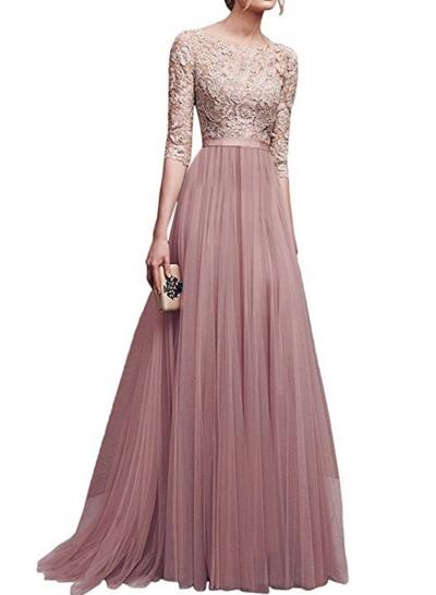 Oasap Round Neck Solid Color Lace Spliciing Dress