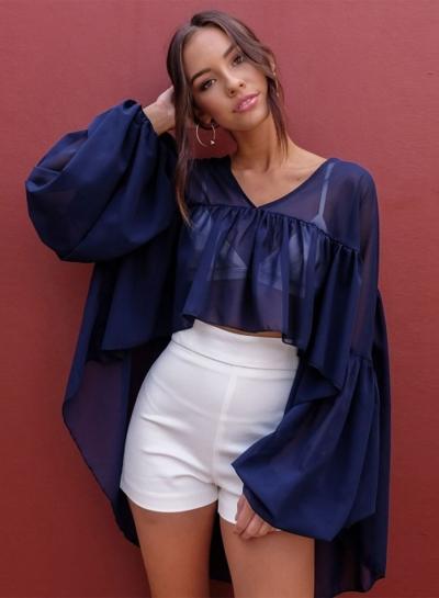 Oasap V Neck Long Sleeve High Low Chiffon Blouse