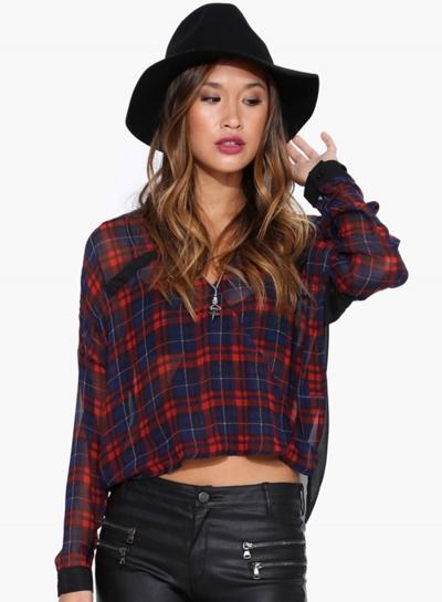 Oasap Plaid Pattern V Neck Color Block Chiffon Blouse