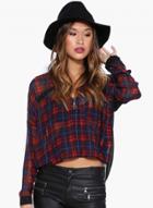Oasap Plaid Pattern V Neck Color Block Chiffon Blouse