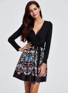 Oasap V Neck Long Sleeve Printed Bandage A-line Dress