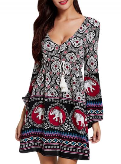 Oasap Women's Print Deep V Neck Long Sleeve Drawstring Dress