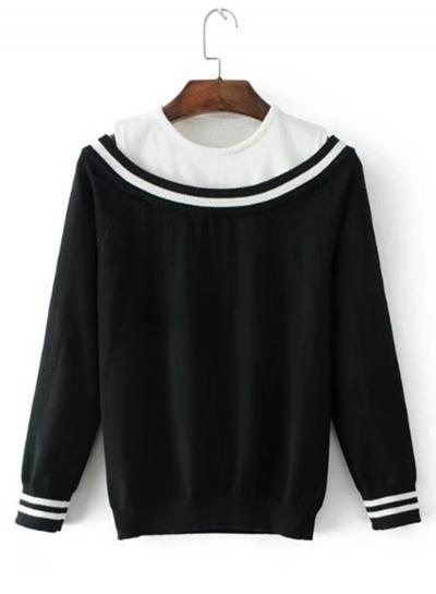 Oasap Off Shoulder Long Sleeve Color Block Knitwear
