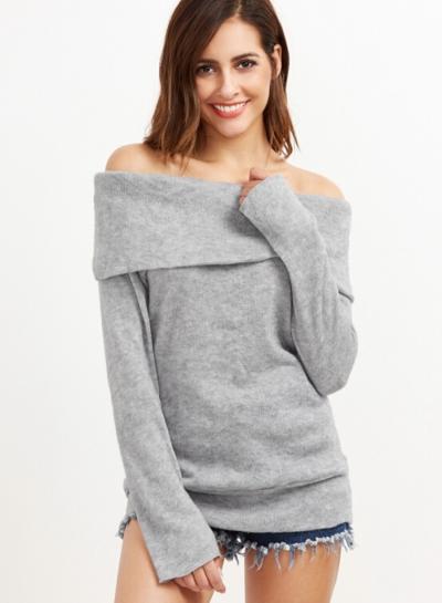Oasap Slash Neck Long Sleeve Solid Color Sweater