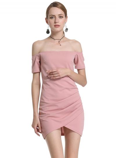 Oasap Off Shoulder Short Sleeve Irregular Bodycon Solid Dress