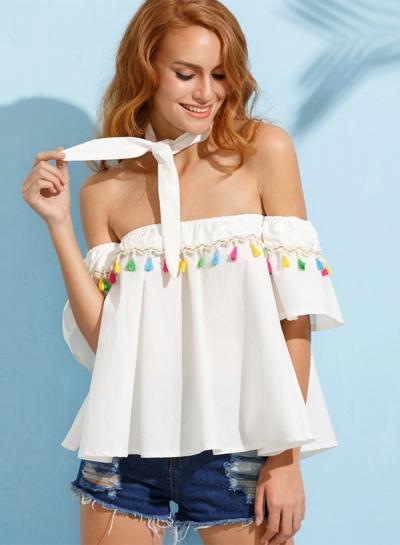 Oasap Off Shoulder Short Sleeve Loose Fit Blouse With Tassel