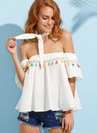 Oasap Off Shoulder Short Sleeve Loose Fit Blouse With Tassel