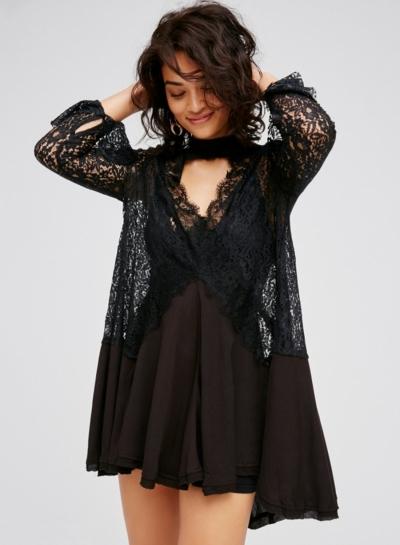 Oasap Long Sleeve Floral Lace Panel Loose Fit Mini Dress