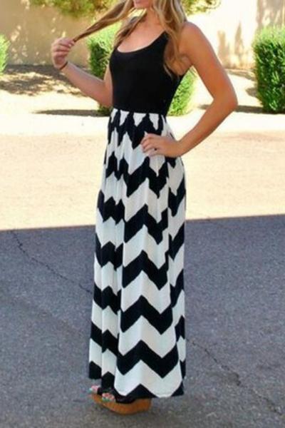 Oasap Contrast Chevron Print Sleeveless Maxi Dress