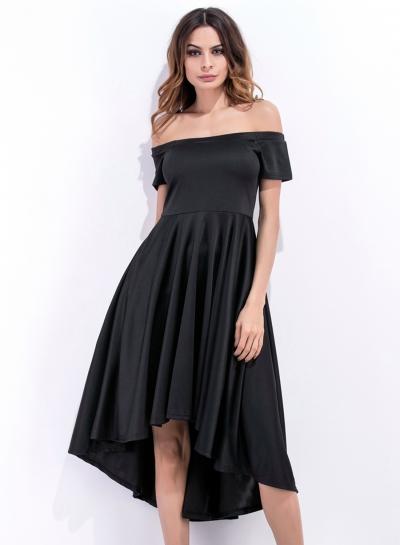 Oasap Solid Off Shoulder Short Sleeve High Low Pleated Party Dress