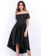 Oasap Solid Off Shoulder Short Sleeve High Low Pleated Party Dress