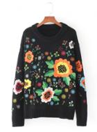 Oasap Round Neck Long Sleeve Floral Embroidery Sweaters