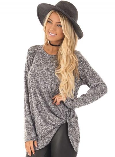 Oasap Round Neck Long Sleeve Loose Fit Knot Hem Tee Shirt