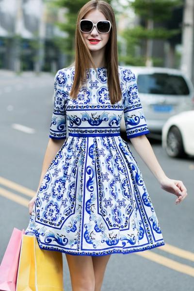 Oasap Vintage Blue And White Porcelain Printing Dress