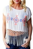 Oasap Women's Geometric Embroidery Print Round Neck Top With Tasseled