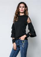 Oasap Stand Collar Flare Sleeve Net Yarn Splicing Top
