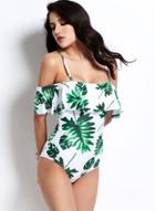 Oasap Fashion Palm Leaf Printed Ruffle One Piece Swimsuit