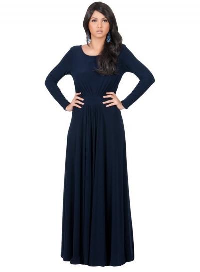 Oasap Long Sleeve Crewneck Pleated Solid Maxi Dress