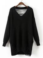 Oasap V Neck Broken Hole Solid Sweaters