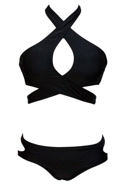 Oasap Crossover Halter Neck Hollow-out Black Bikini