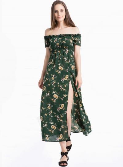 Oasap Slash Neck Floral Printed Slit Maxi Dresses
