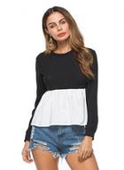 Oasap Fashion Fluted Sleeve Two Tone Mixed Media Ribbed Top