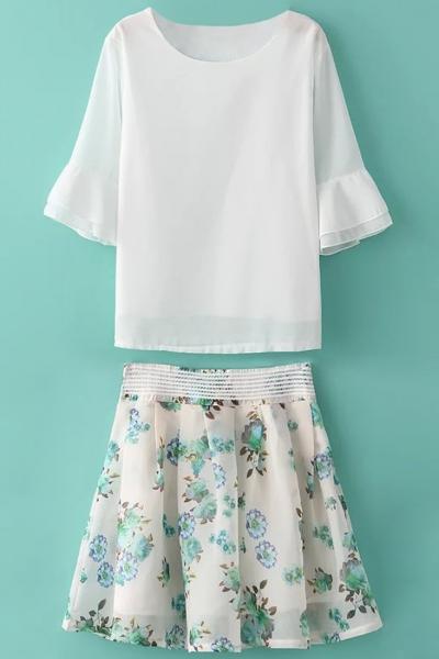 Oasap Sweet Chiffon Blouse Graphic Skirts Set