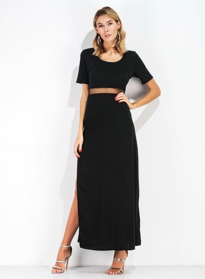 Oasap Round Neck Mesh Panel High Slit Maxi Dress