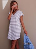 Oasap V Neck Short Sleeve Striped Shift Dress