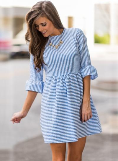 Oasap Round Neck Half Sleeve Striped Midi Dress