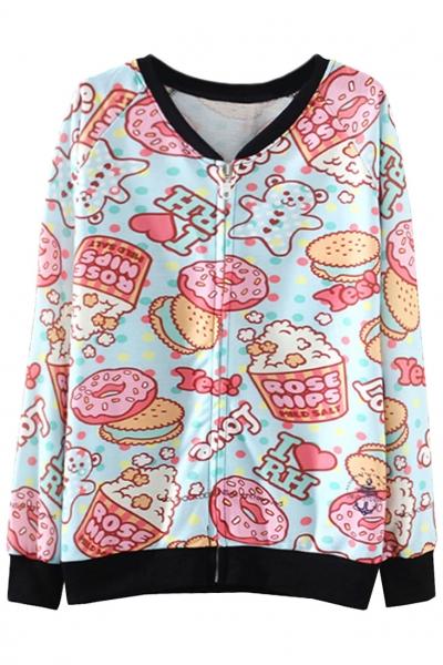 Oasap Yummy Cake Doughnut Print Zip Up Sweatshirt