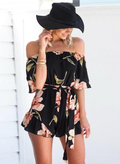 Oasap Off Shoulder Short Sleeve Floral Romper With Belt