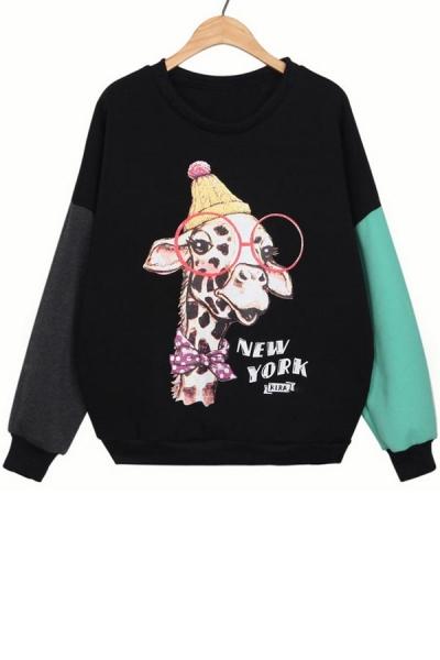 Oasap Color Block Giraffe Fleece Sweatshirt