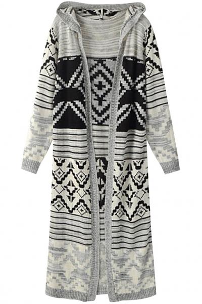 Oasap Vintage Geometric Longline Hooded Cardigan