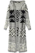 Oasap Vintage Geometric Longline Hooded Cardigan
