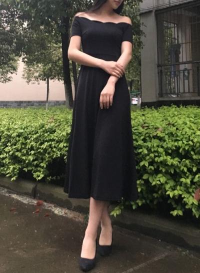 Oasap Elegant Off Shoulder Short Sleeve A-line Midi Dress