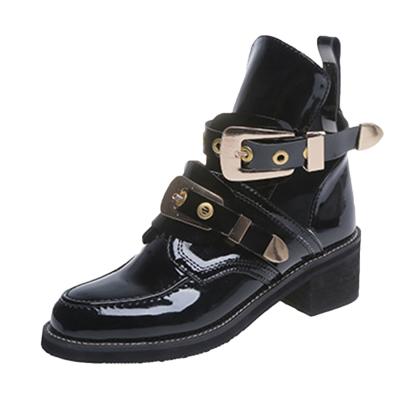 Oasap Buckle Strap Block Heels Round Toe Boots