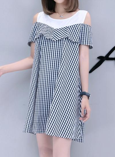 Oasap Off Shoulder Ruffle Contrast Stripe Dress With Belt