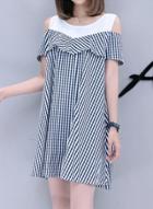 Oasap Off Shoulder Ruffle Contrast Stripe Dress With Belt