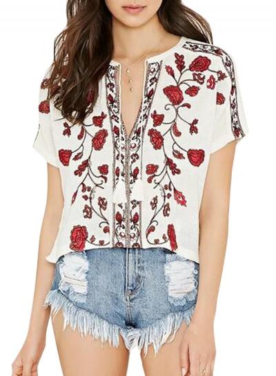 Oasap Women's Floral Embroidery Print V Neck Blouse