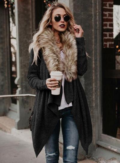 Oasap Faux Fur Collar Long Sleeve Open Front Coat