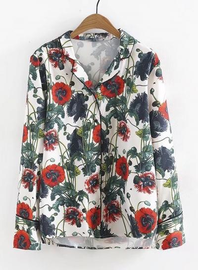 Oasap Turn Down Collar Long Sleeve Floral Printed Button Down Coat