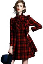 Oasap Chic Plaid Printing Bowknot Coat